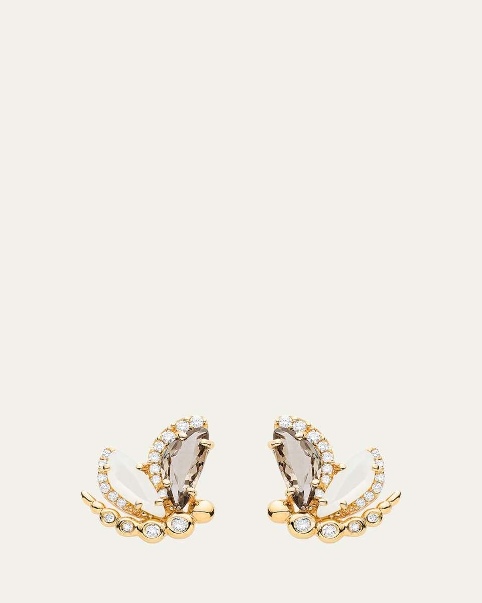 Petite Dragonfly Earrings in 18K Rose Gold with Smokey Quartz, Mother of Pearl and Diamonds